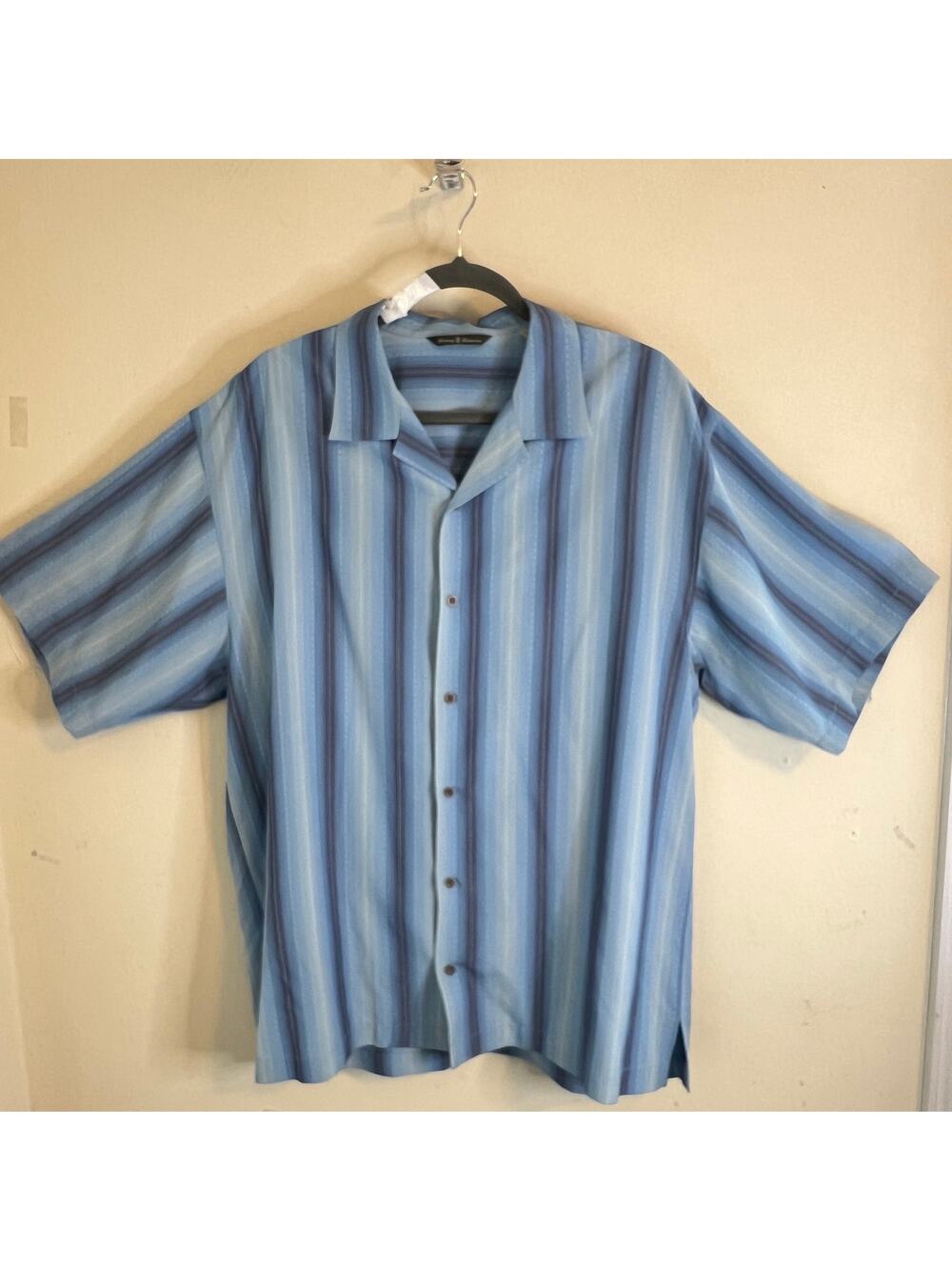 Tommy Bahama Men’s Silk Camp Collar Shirt Blue Stripe Hawaiian Resort Large